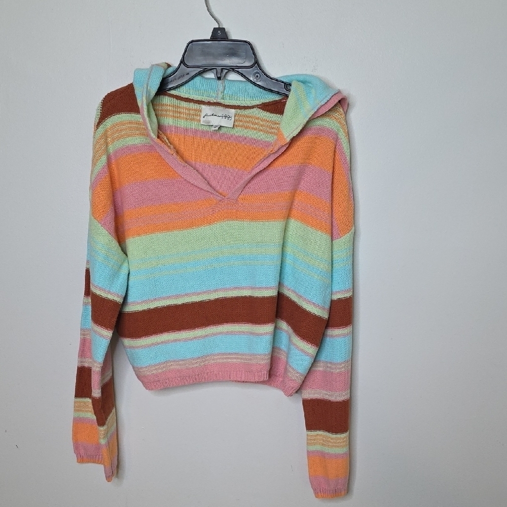 Freshman 1996 Multicolor Striped V-Neck Hooded Crop Sweater Size Small